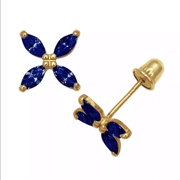 14k Solid Gold Blue Sapphire Fliwer Stud Earrings - Picture 4 of 8